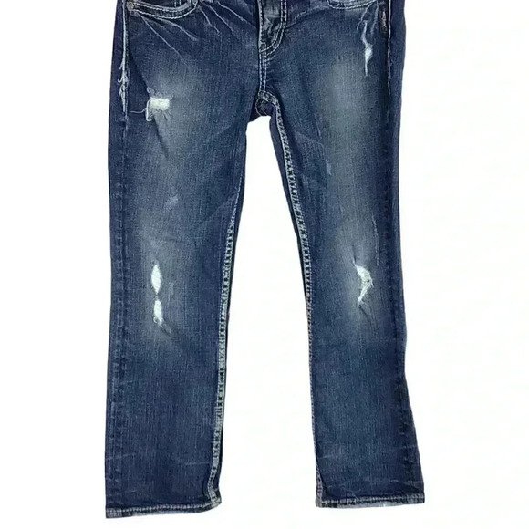 Silver Aiko Women 27 Mid Capri Jeans Blue Cotton Stretch Whiskered Embroidered - Picture 4 of 8